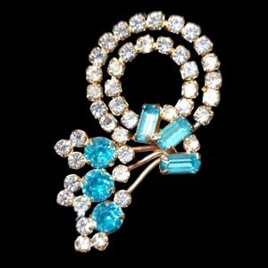 Vintage Antoinette Clear and Blue Rhinestone 12k Gold Filled Brooch/Pendant